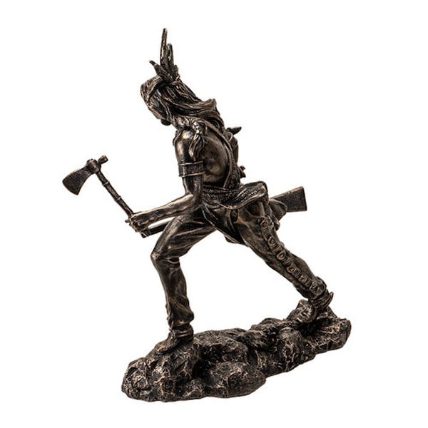 statue depicts a Native American warrior spear and shield artwork