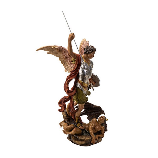 Saint Michael in Motion Spearing Devil Statue in color realistic sculptur
