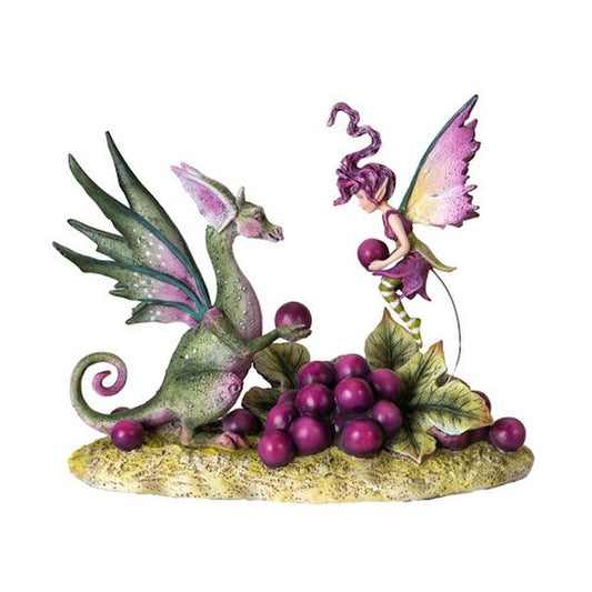 sculpture features a charming interaction between a small dragon and a fairy