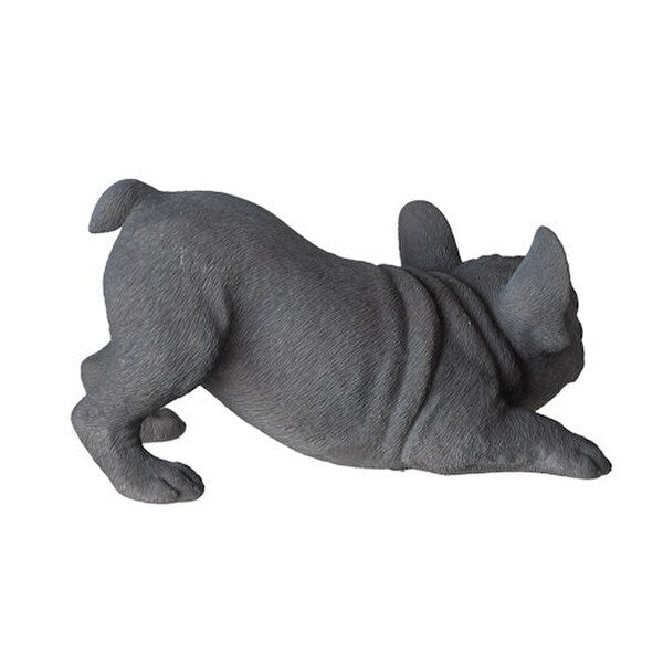 Side view of statue Grey Frenchie Bulldog Sculpture playful pose lifelike figurine