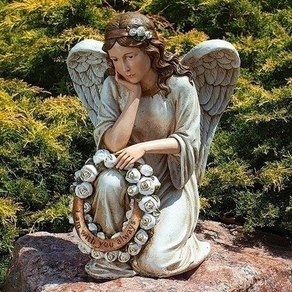 Angel Holding Wreath Memorial Statue Roses with you always inpirational