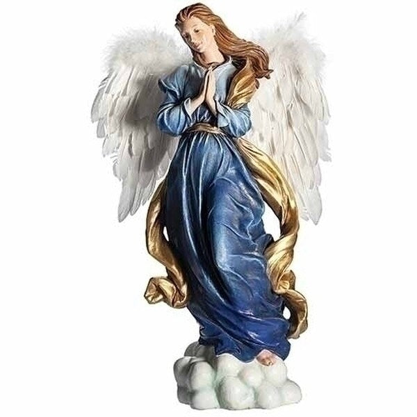 Angel in Blue Dress with Feather Wings Statue Holy Angel Gloria Sculpture