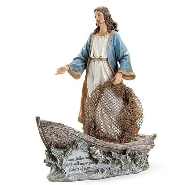 Jesus the Fisherman Sculpture in Boat with Matthew Verse religious statuary