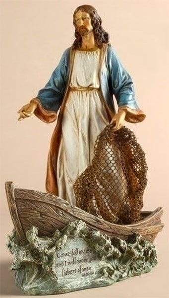 Jesus the Fisherman Sculpture in Boat with Matthew Verse statue