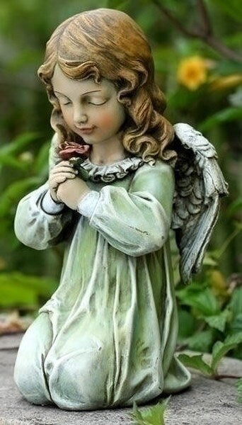 Kneeling Angel Girl with Rose Statue 12" H