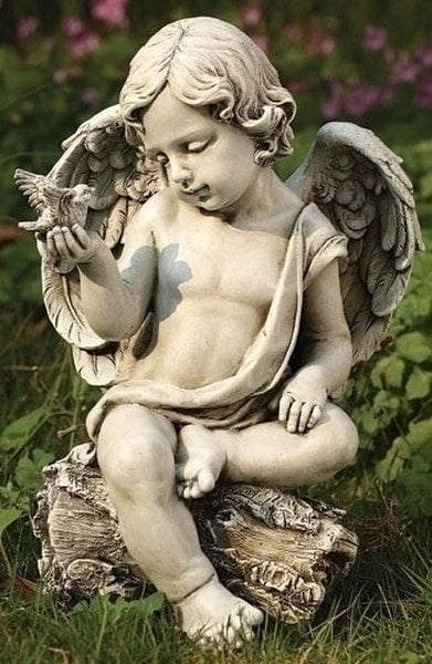Statue of Cherub with dove bird Garden Artwork Statuary Cute