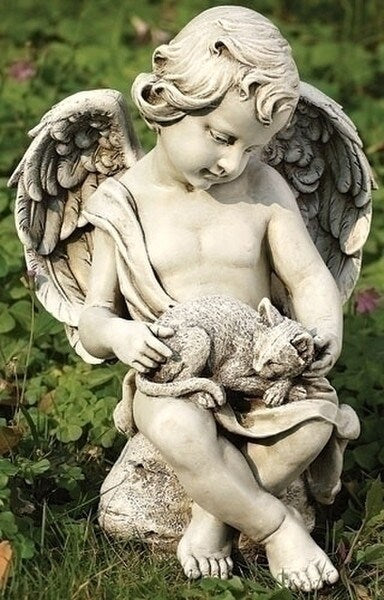 Cherub Angel with Sleep Cat Kitten Garden Sculpture Yard Art