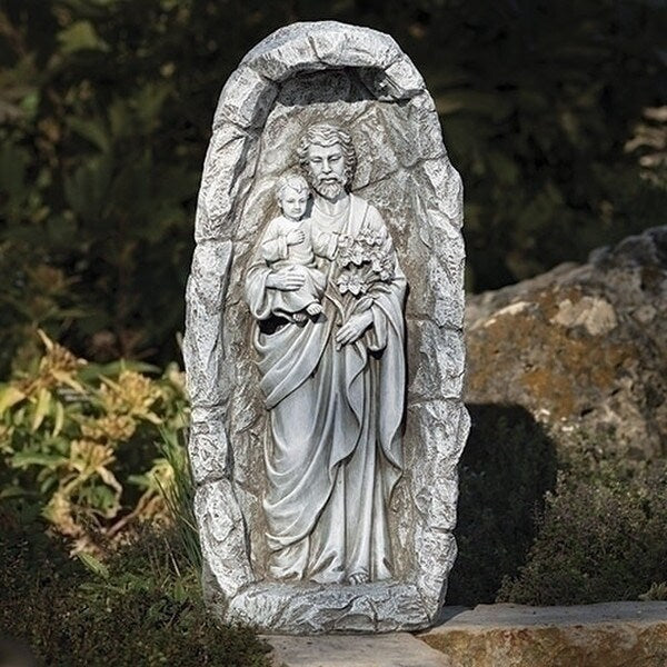 LED Solar Saint Joseph Garden Statue nestled within serene grotto