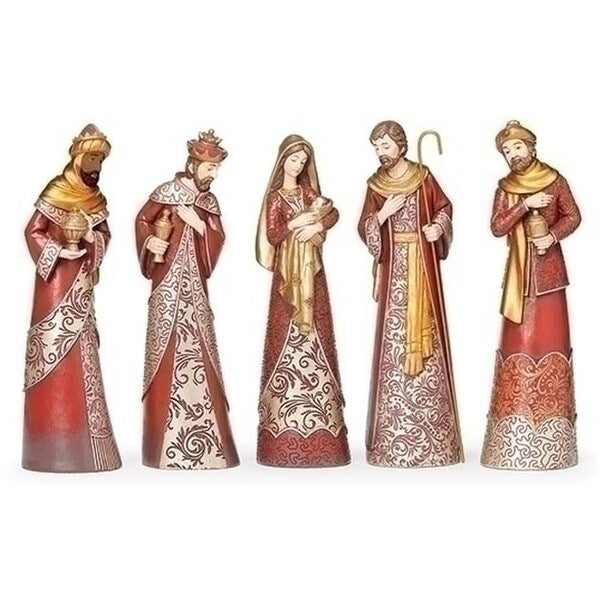 Nativity Slim Statues Set Gold Pattern Over Red