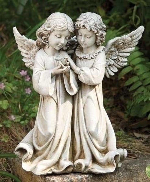 Angels with Bird Garden Statue Memorial or Display Artwork Wings