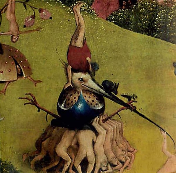 Group of Men Lifting Bird by Bosch Painting Garden of Earthly Delights