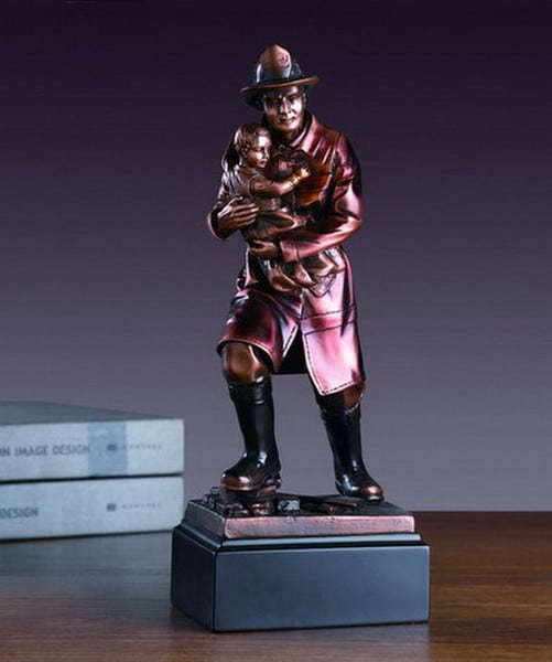 Fire Fighter Saving Child Statue Decorative Award Hero Rescue Service