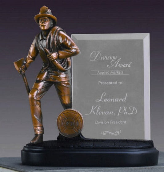 Sculptural Fireman Award Gift Trophy Glass Imprint Hero Tribute