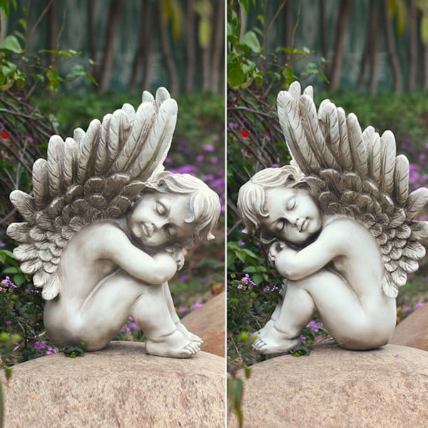 Memorial Angels Sleeping Garden Pair of Sculptures Outdoor Statues