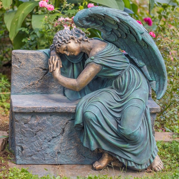 Angel Weeping On Garden Bench Statue