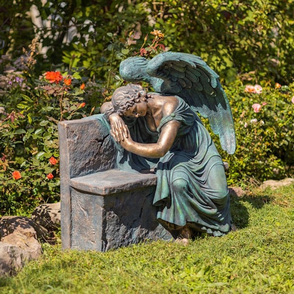 Angel Weeping On Garden Bench Statue