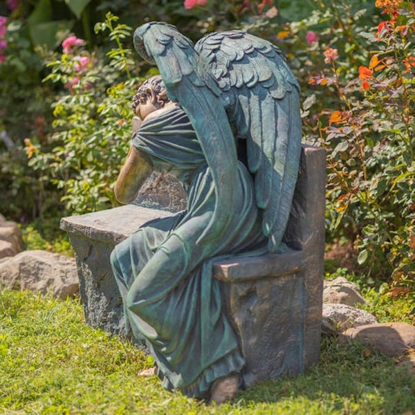 Angel Weeping On Garden Bench Statue
