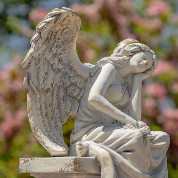 Angel sitting on Pillar Memorial Sculpture 30" H