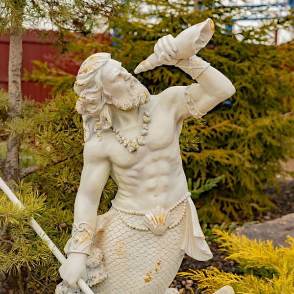 Merman Garden Statue Blowing in Conch Shell