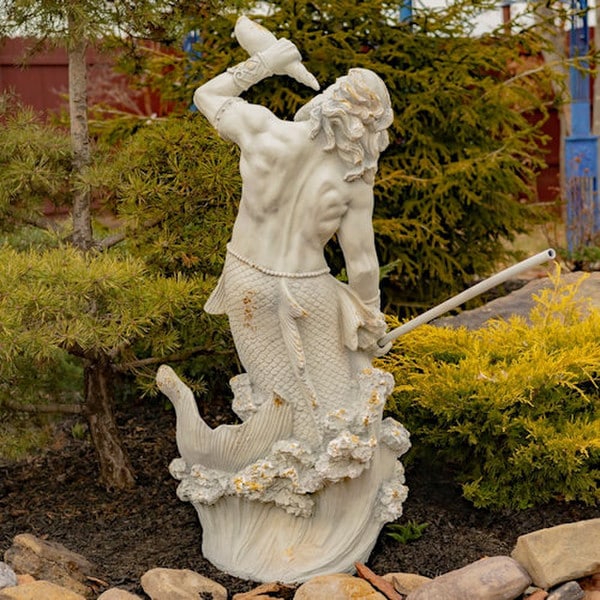 Merman Garden Statue Blowing in Conch Shell
