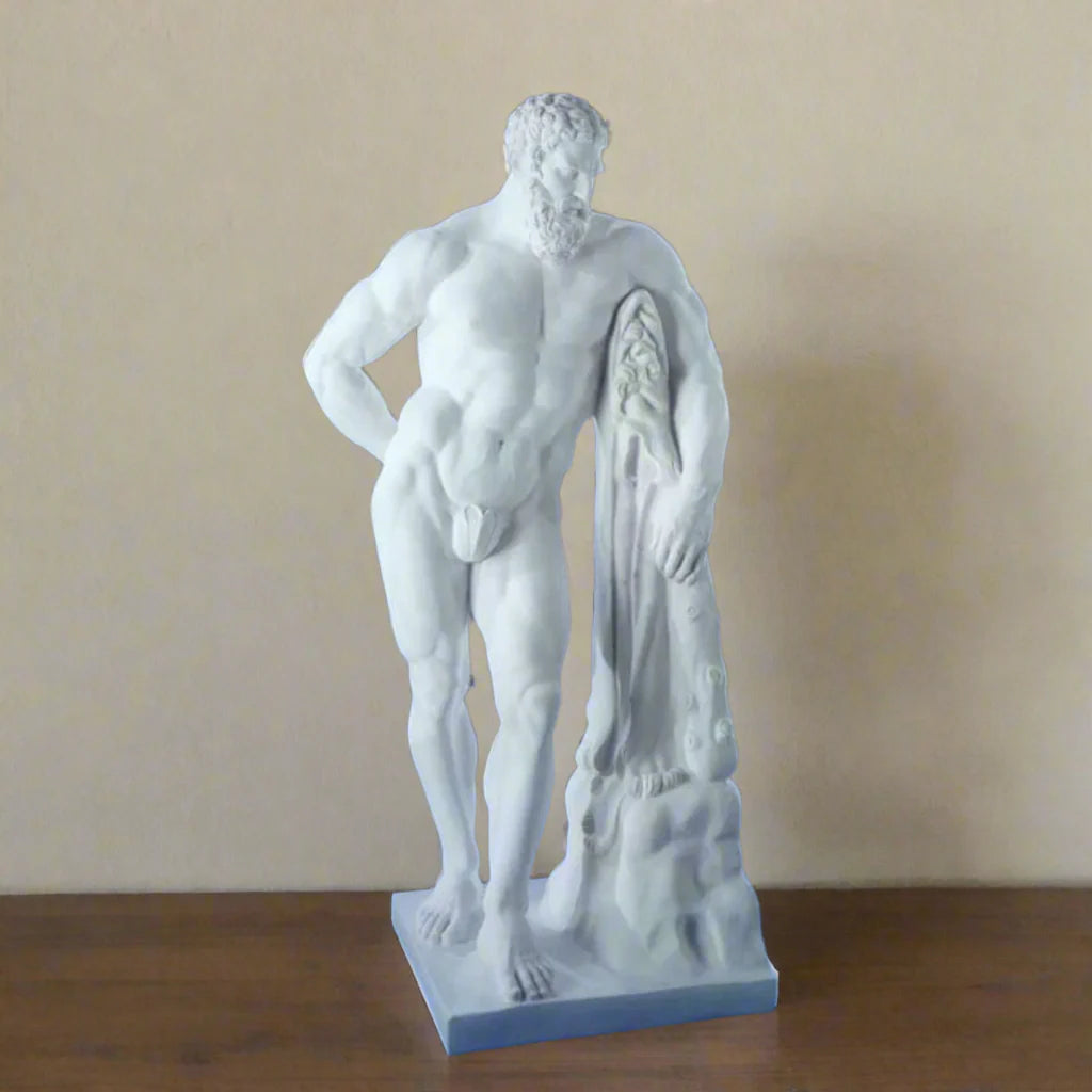 24" Farnese Hercules statue in Italian marble, a bold classical form suited for refined office decor, entryways, or neoclassical interiors