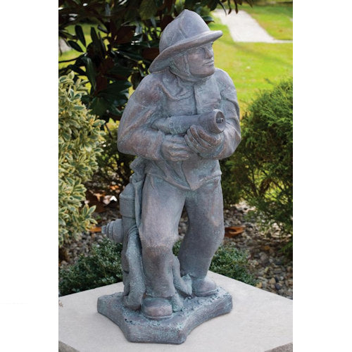 Firefighter Man Holding Hose Plumbed Water Feature Statue
