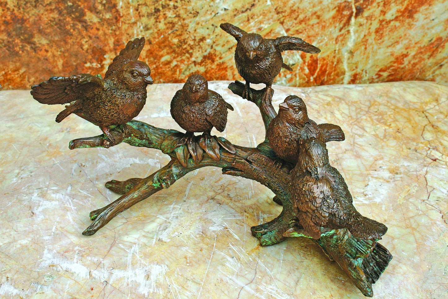 Five birds on branch bronze sculpture tabletop statue
