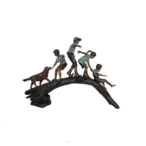 Childhood Adventure Bronze Statue β Four Children and Dog on Log playing