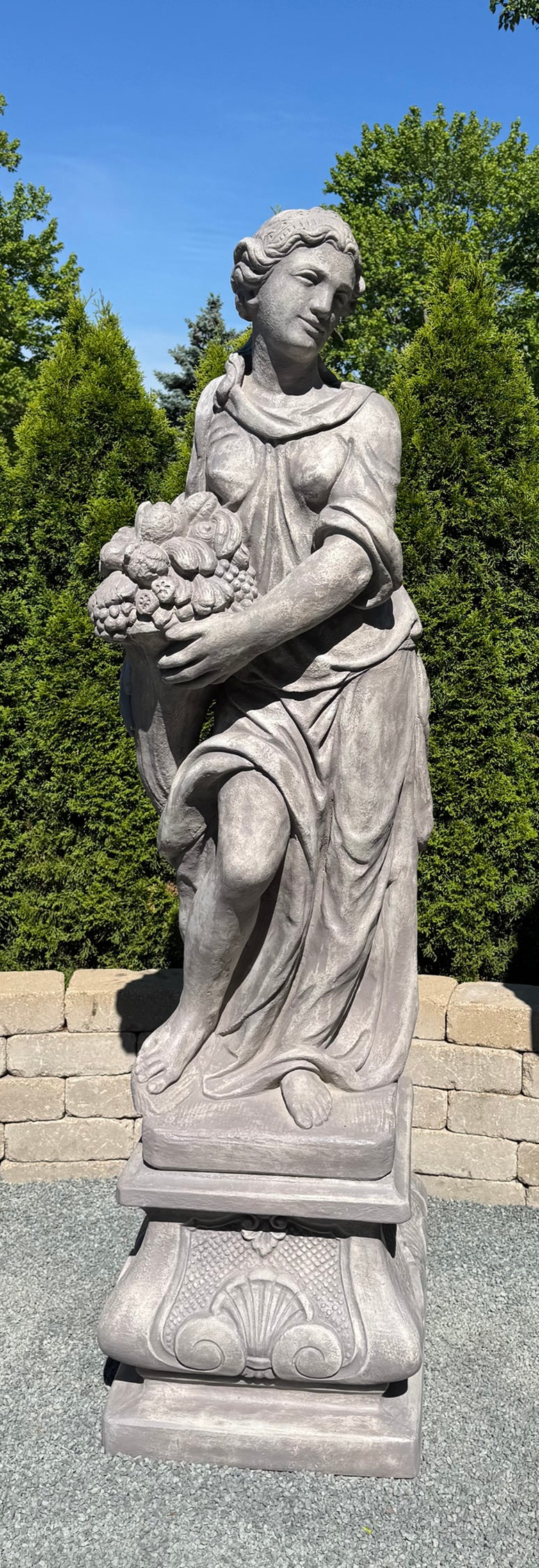 Summer Goddess Life-Size Garden Statue on Italian Pedestal with matching base cornucopia