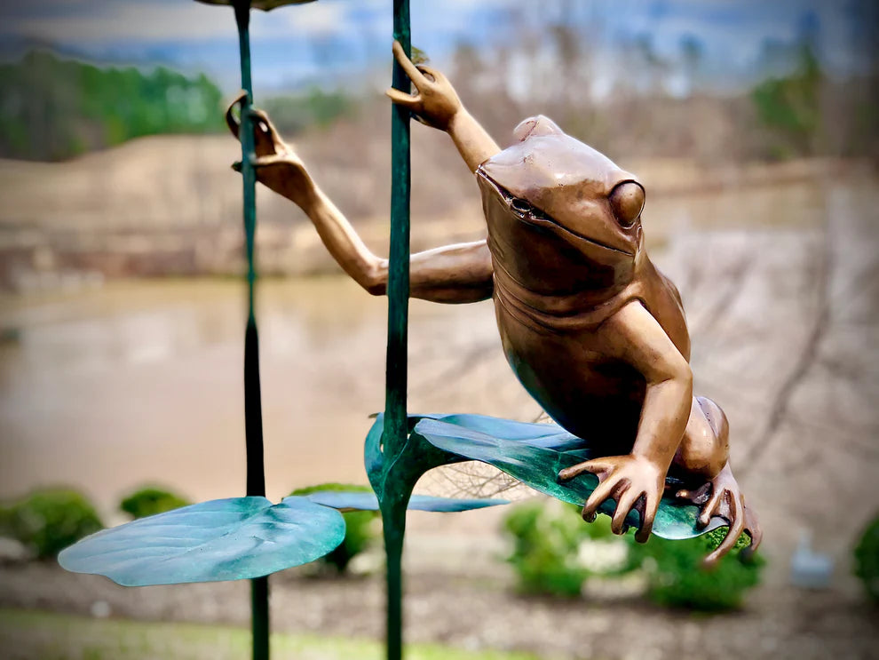Close up of mouth Frog on Reeds Bronze Water Feature Sculpture Spouts