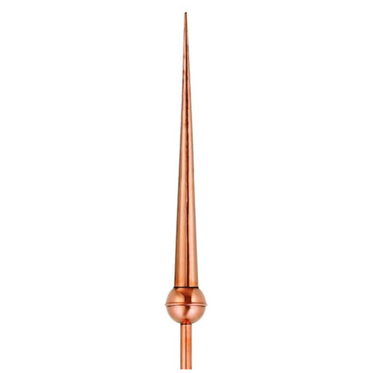 Tall copper finial with pointed spire and round base, designed for architectural or garden accents.