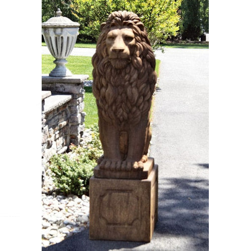 Grand Sitting Lion Cement Statue on Plinth base pedestal Regal Sculpture
