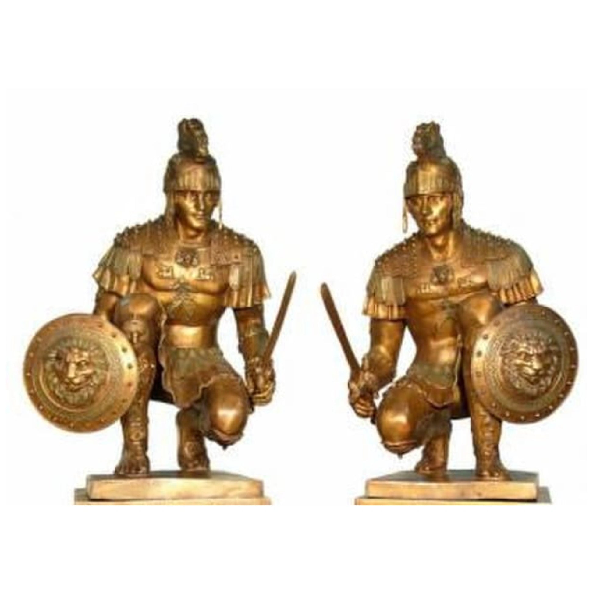 Set of Spartan and Warrior statues featuring Greek and Roman swords, shields, and helmets