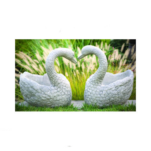 Heart Swan Pair of Cement Garden Planters Two Birds Outdoor Sculptures