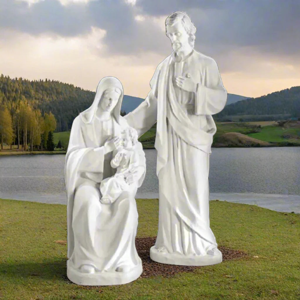 73-inch Italian marble Holy Family statue, perfect for church grounds, religious gardens, or devotional memorial displays