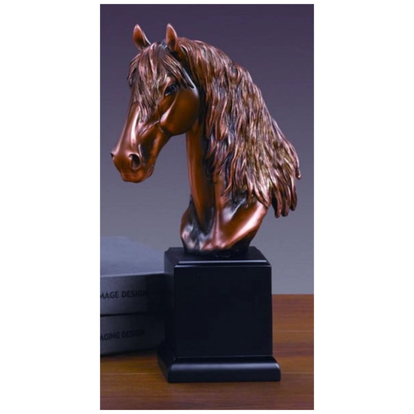 Detailed 12" high horse head sculpture in bronze-finished designer resin. Ideal for indoor display on desks or shelves, capturing equine grace and strength