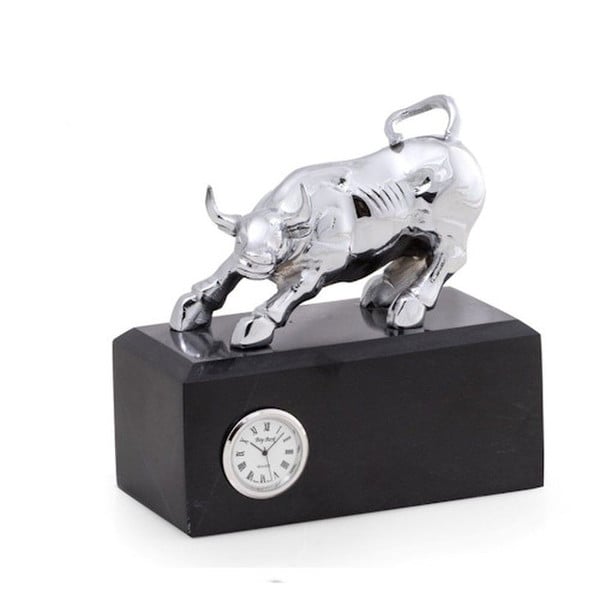 Chrome Bull on Black Marble Base with Quartz Clock The Ultimate Stock Market Gift