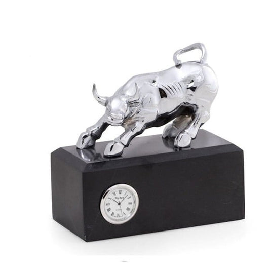 Chrome Bull on Black Marble Base with Quartz Clock The Ultimate Stock Market Gift
