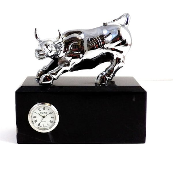 Chrome Bullish on Black Marble Base with Quartz Clock Stock Market Gift