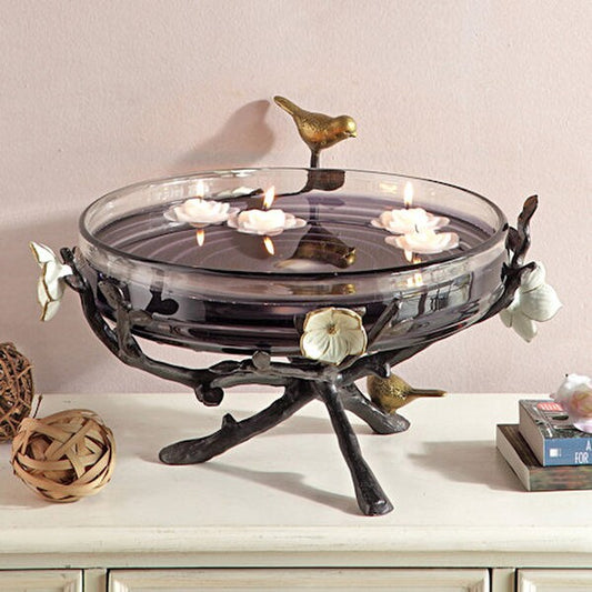 Flowers Birds Bowl with Glass Insert floating Candles Designer Studio Art