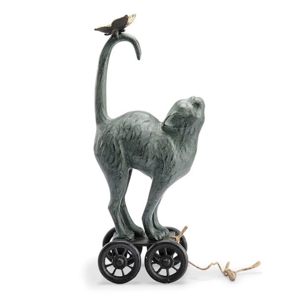 Cat on Pull Along Cart with Butterfly Statue