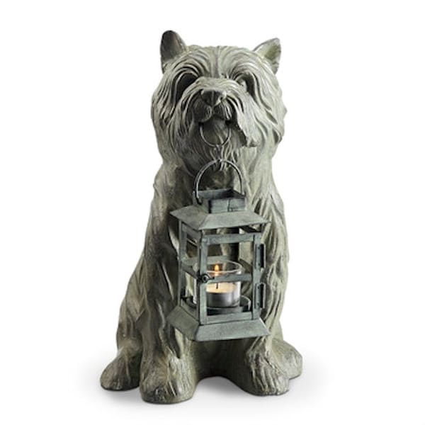 Dog carrying lantern in mouth Aluminum Statue Candle holder Sculpture