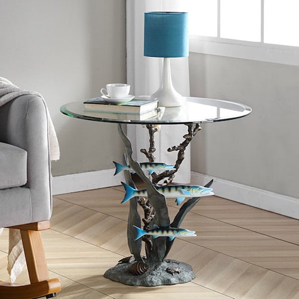Sculptural Barracuda Haven Fish in Reeds Coastal End Table Interior Design