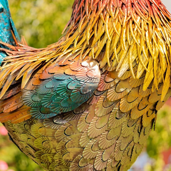 Close up of feathers Tall Iron Rooster Garden Statue Vibrant Colors Metal