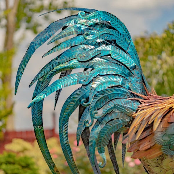Close up of tail Feather Tall Iron Rooster Garden Statue Vibrant Colors Metal