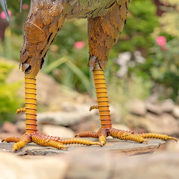 Close up of Webb feet Tall Iron Rooster Garden Statue Vibrant Colors Metal