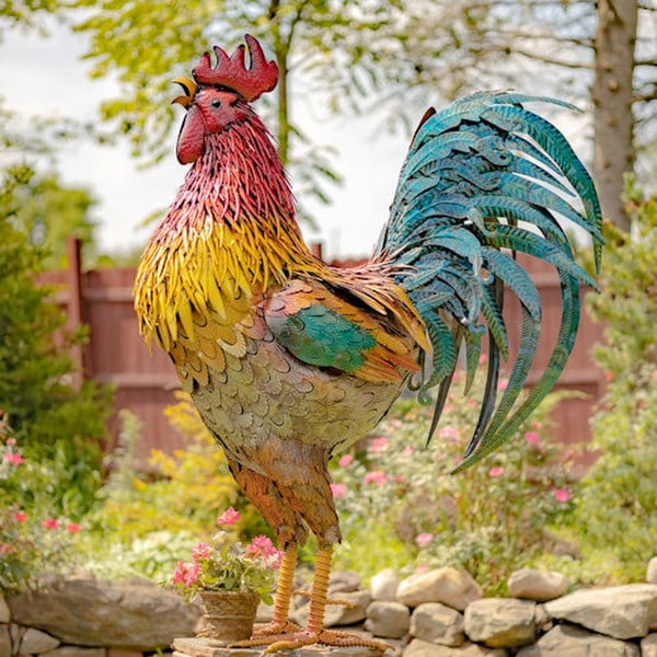 Tall Iron Rooster Garden Statue Vibrant Colors Metal Cock Sculpture Steel
