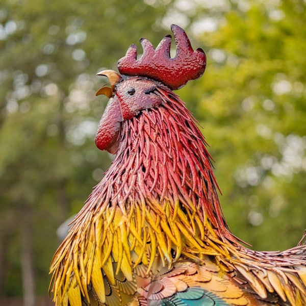 Crowing Tall Iron Rooster Garden Statue Vibrant Colors Metal Sculpture