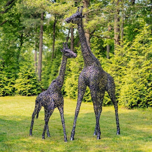 African Tall Iron Giraffe Duo Garden Statues Steel Art Sculptures Towering