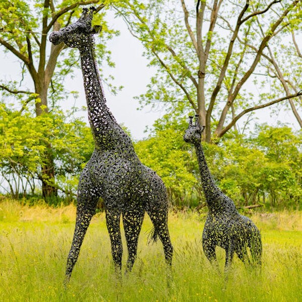 Towering Giraffe Metal Garden Pair Elegant Iron Giraffe Statues Set